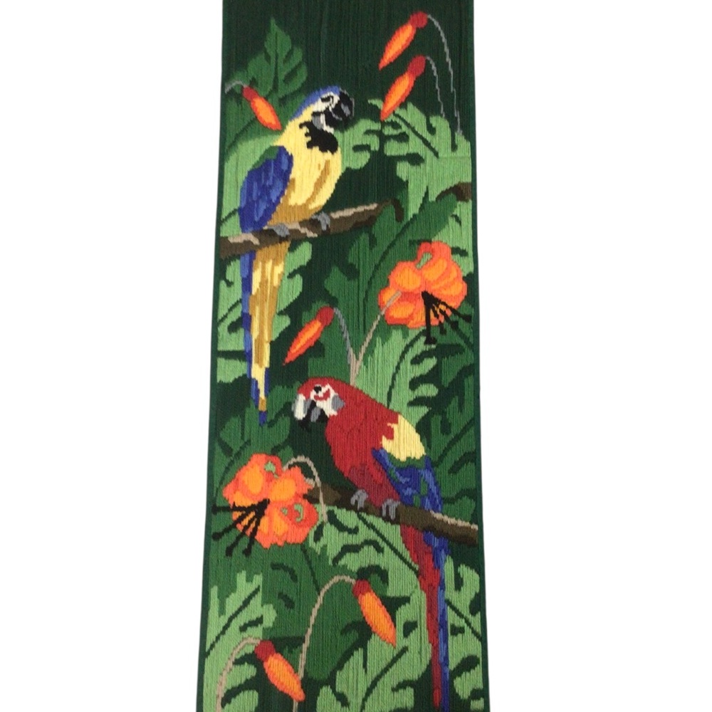 Vintage Crewel Embroidery Parrots Vibrant Longstitch 10 X 30 Unframed
